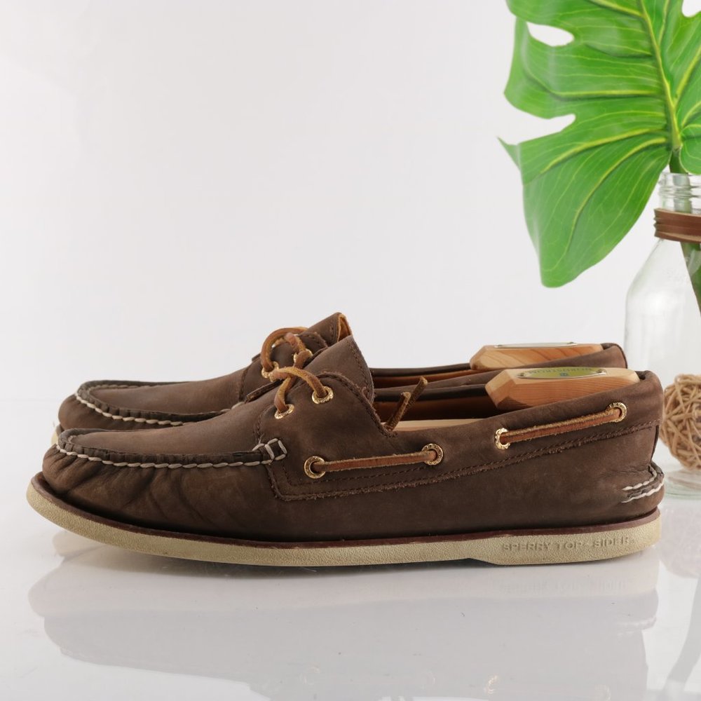 Sperry Gold Cup Boat Shoe Moc Loafer Slip On Brown Gold Plate Eyelet Men 10.5 - Picture 7 of 13